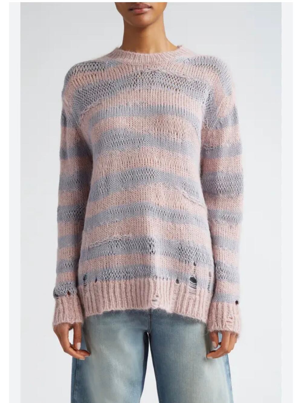 Acne Studios Distressed Striped Mohair Blend Sweater - Pink & Gray, Size L
